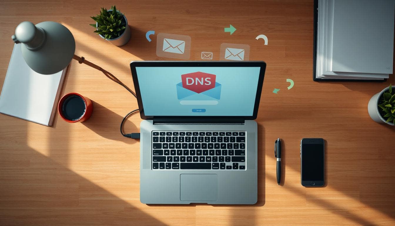 Overhead desk shot with a laptop and abstract overlays suggesting secure email and DNS settings.