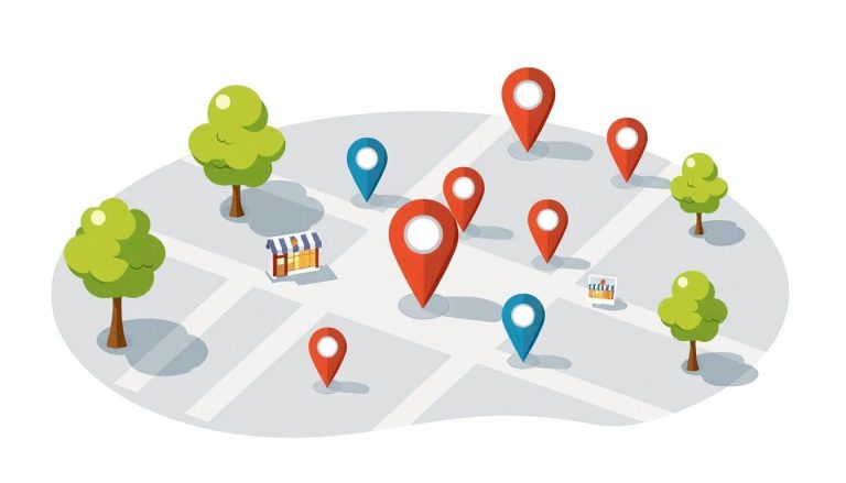 An illustration of a near me search with map points popping up.