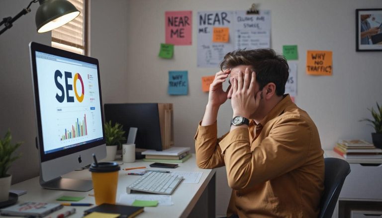 Someone doing a facepalm and trying to work on SEO at their desk.