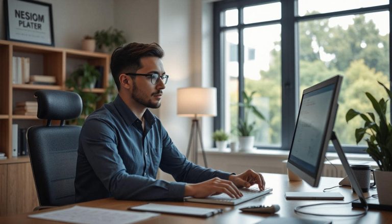A man working on website content using his computer in an office.