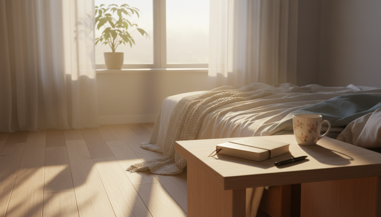A calm, early morning scene with soft sunrise light coming through a window, a simple bedside table with a journal and pen.
