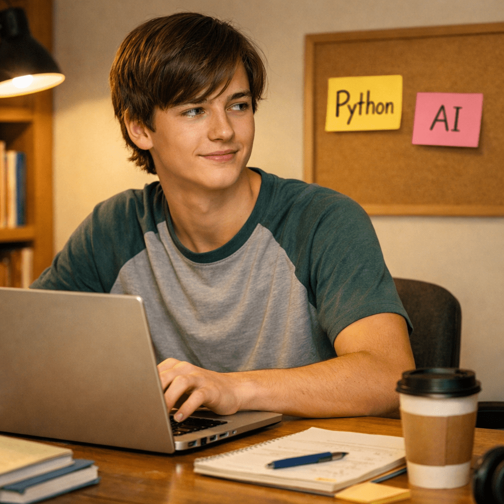 High school student at a desk with a laptop, friendly warm lighting, sticky notes that say ‘Python’ and ‘AI’, simple clean modern style, candid.