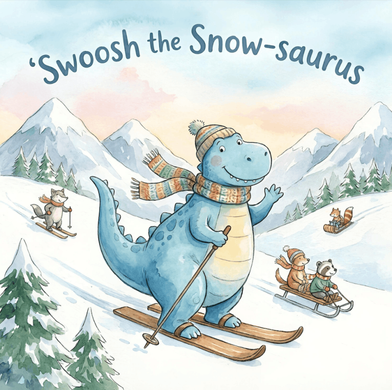Swoosh the Snow-saurus book cover with a dinosaur skiing on a mountain - illustration.