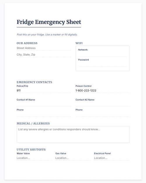 Fridge Emergency Sheet sample.