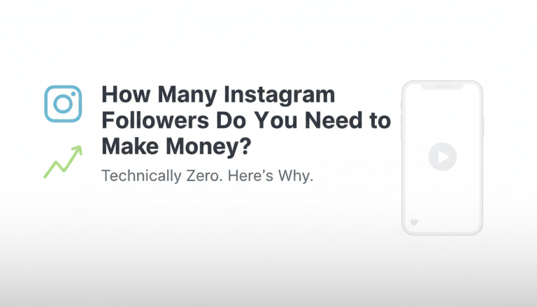 Graphic that reads “How Many Instagram Followers Do You Need to Make Money? Technically Zero. Here’s Why.” with a minimalist phone and growth arrow.