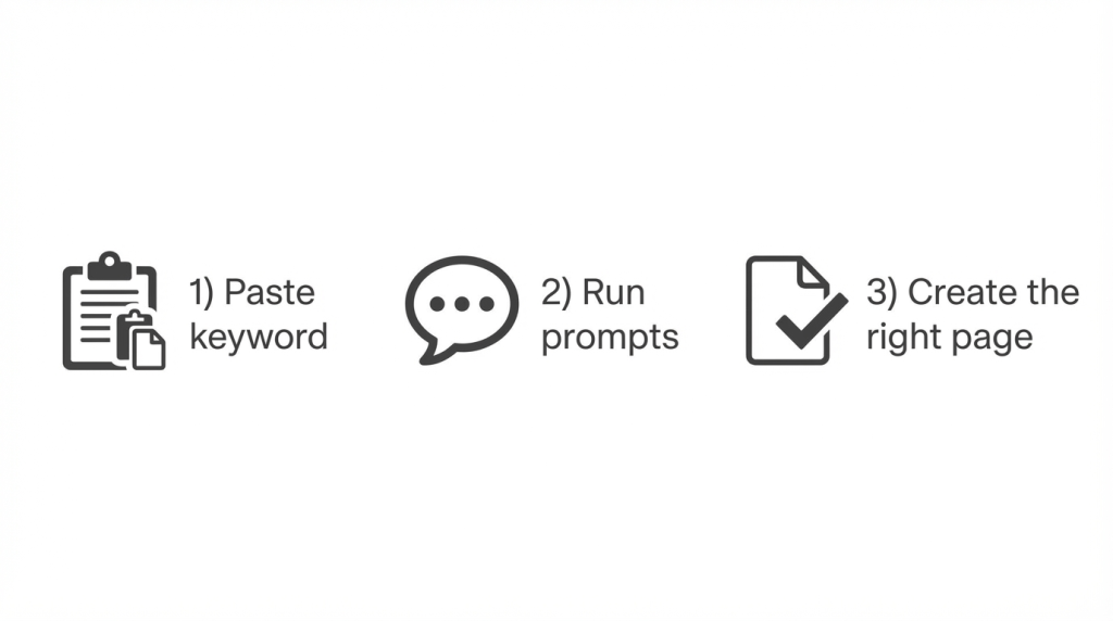 Simple 3-step infographic with icons: 1) Paste keyword (clipboard icon), 2) Run prompts (chat bubble icon), 3) Create the right page (document + check icon)