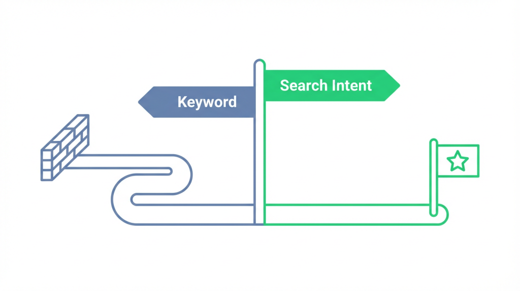 Minimal illustration showing two road signs pointing different directions labeled ‘Keyword’ and ‘Search Intent’. The path labeled ‘Keyword’ leads to a dead end, the path labeled ‘Search Intent’ leads to a goal flag. Flat design, clean lines, white background, simple shapes.
