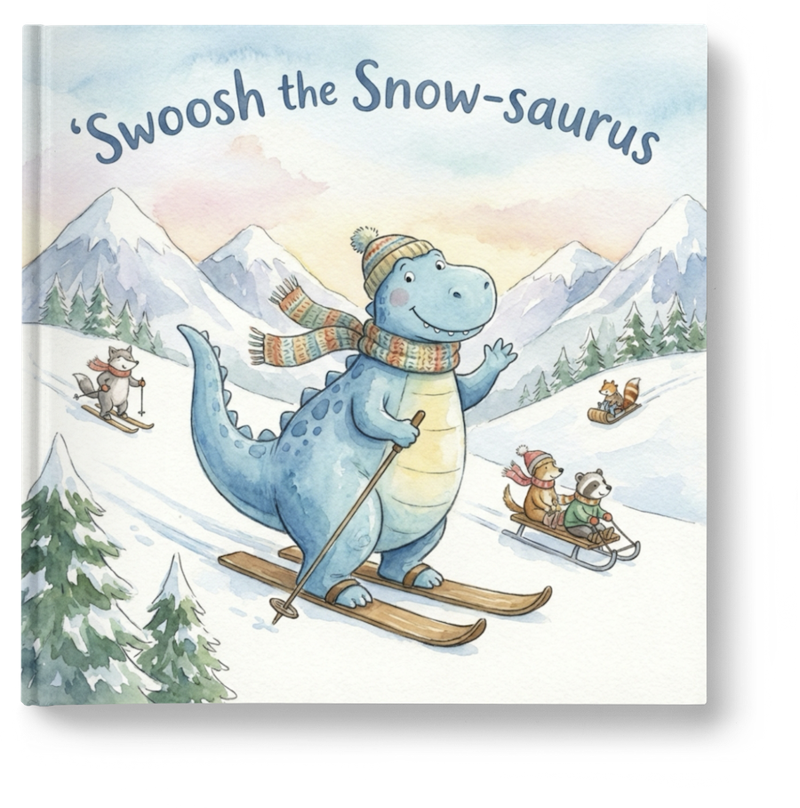 Swoosh the Snow-saurus book cover with a dinosaur skiing on a mountain - illustration.
