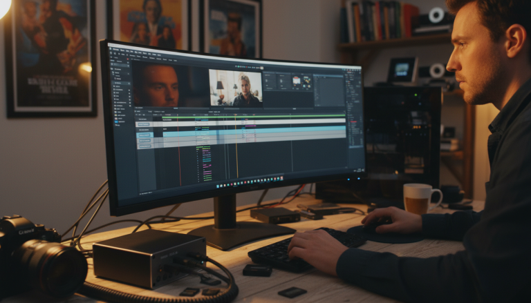 A man editing a video on his computer with various devices near him.