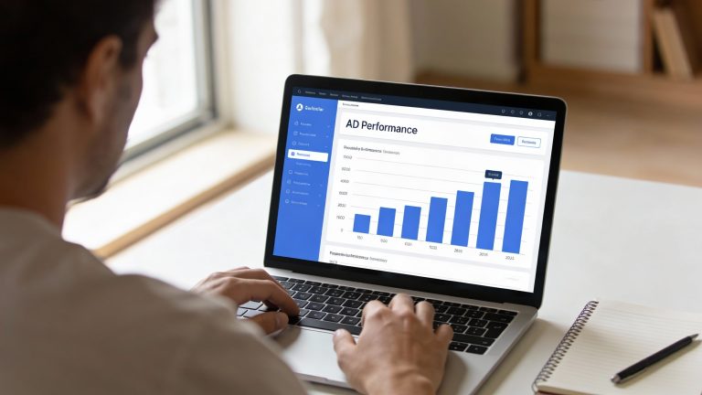 A seller reviewing Amazon Ads performance on a laptop, with a simple chart on screen.