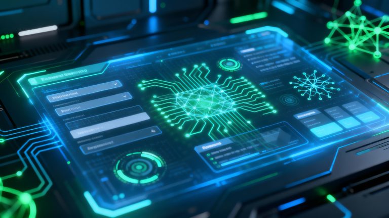 A depiction of an AI prompt going through a computer chip.