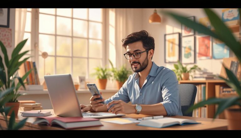 A man sitting at a desk with his computer and phone, working on a digital product.