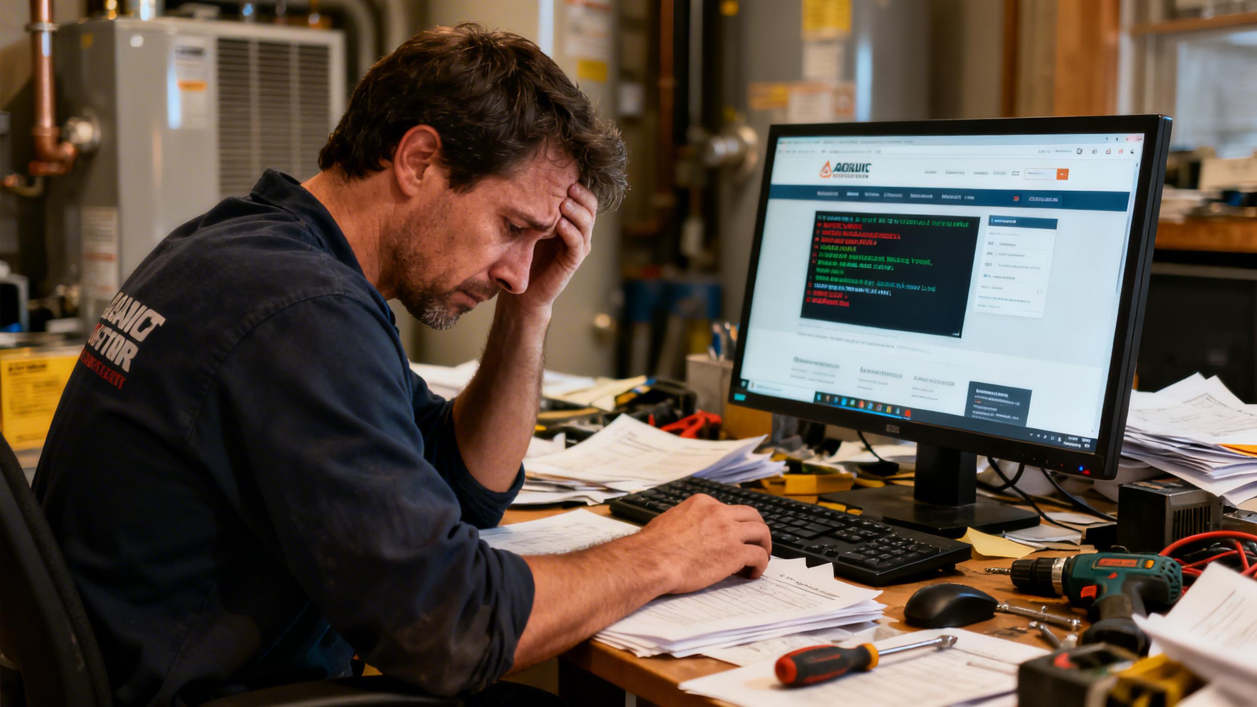 An HVAC company owner sitting at a cluttered desk, looking distraught while attempting to work on his website, warm indoor lighting casting soft shadows, papers and tools scattered around, computer screen displaying error messages, focused expression reflecting frustration, clean but chaotic environment emphasizing the struggle, shallow depth of field to highlight the owner and his work, rich color tones conveying a sense of urgency and concern.