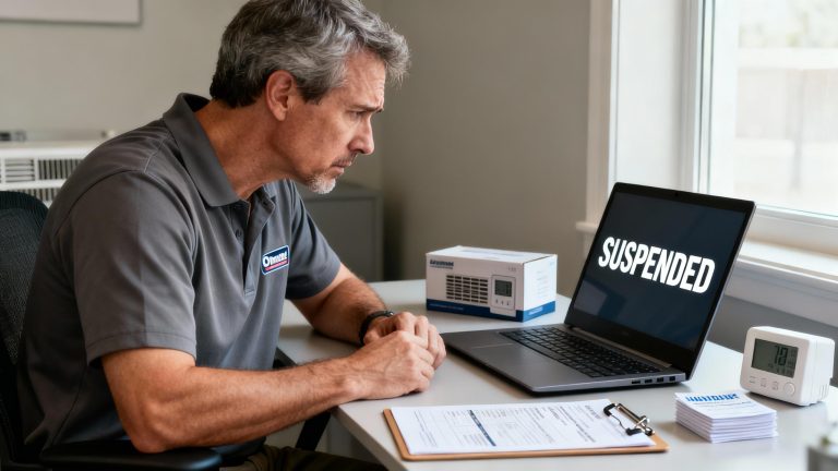 Frustrated HVAC business owner sees “SUSPENDED” on laptop screen in a small office.