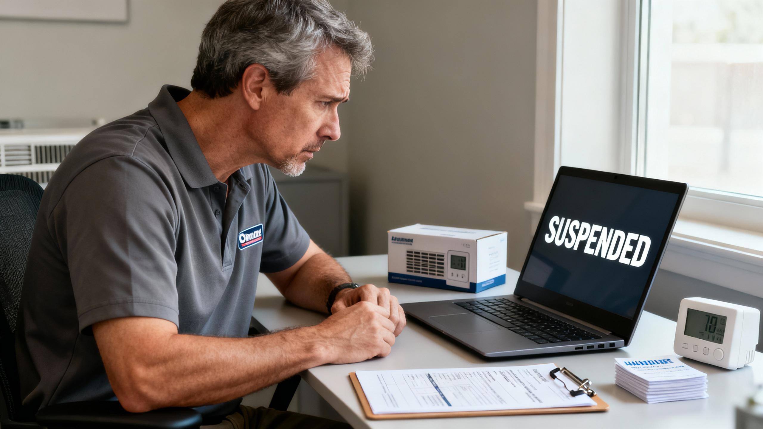 Frustrated HVAC business owner sees “SUSPENDED” on laptop screen in a small office.