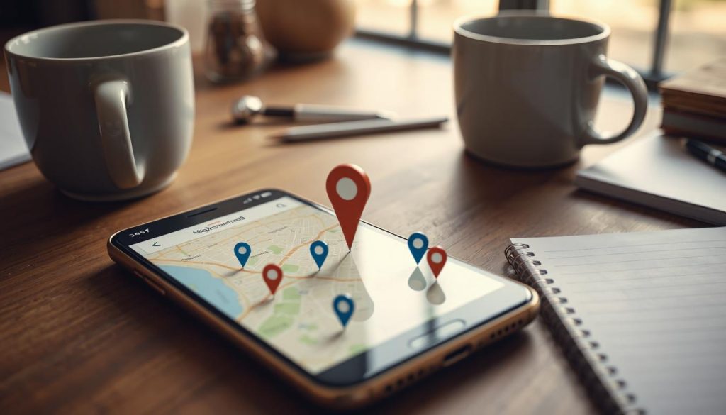 Wide shot of a city neighborhood map on a phone showing multiple business pins, one bright dominant pin standing out, photographed on a desk with a notepad and coffee mug.