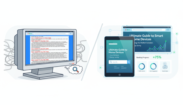 A modern digital illustration showing the evolution of SEO: on the left, an old-fashioned web page with repeated keywords and cluttered text; on the right, a clean modern content page with headings, search intent, analytics, and keyword strategy.