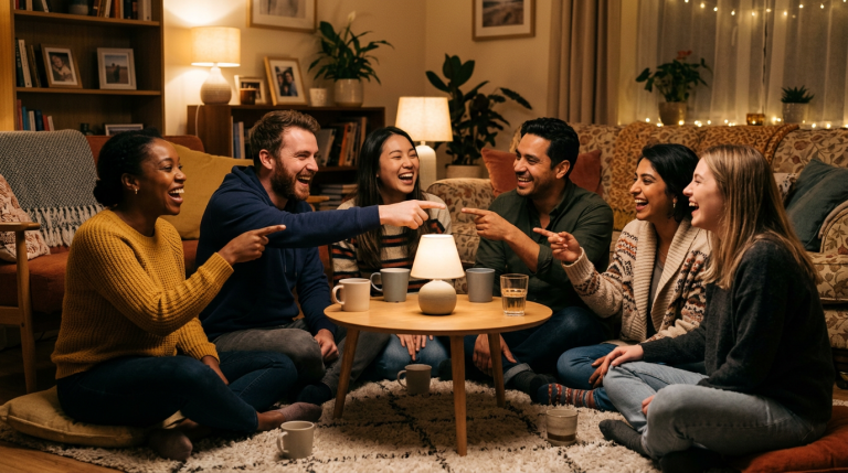 A warm, candid photo-style scene of a diverse group of grown up friends sitting in a living room circle, laughing and pointing playfully as if playing a party game.