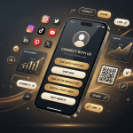 A smartphone with a link in bio page open, showing social links, analytics, and QR code tools