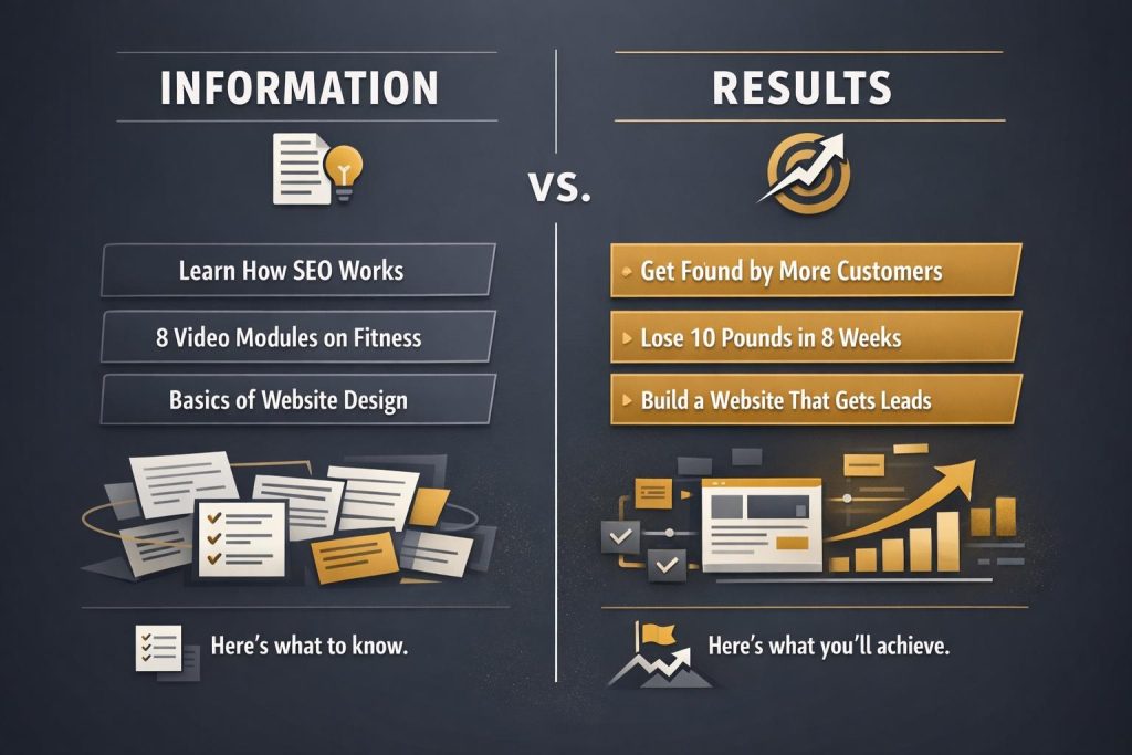 Infographic comparing information vs. results, showing that people are less likely to buy raw information and more likely to pay for clear outcomes like more customers, weight loss, and better-performing websites.