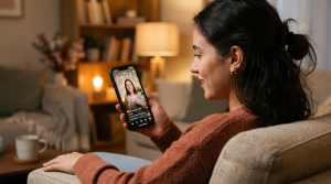 A young woman intently watching an Instagram Reel on her smartphone (we look over her shoulder), photo-realistic style, close-up shot, warm ambient lighting creating a cozy atmosphere, seated in a stylish living room with soft furnishings, her expression reflecting curiosity and enjoyment, subtle bokeh effect in the background to emphasize the subject, modern and relatable setting.