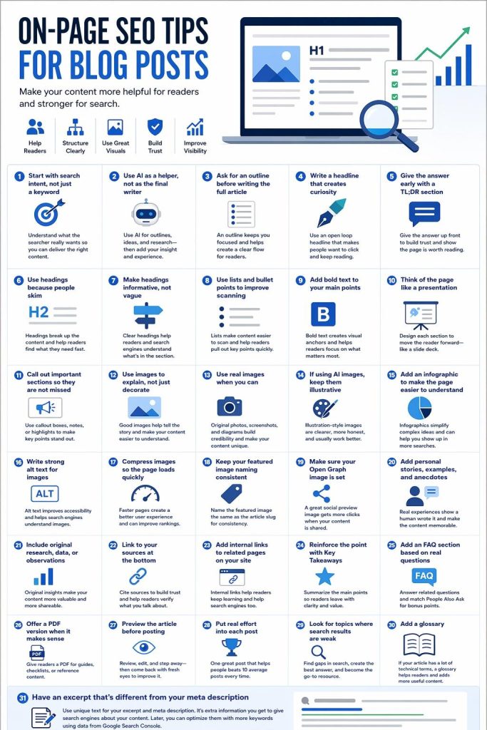 Infographic showing on-page SEO tips for blog posts, including content structure, headings, images, alt text, FAQs, glossary, excerpts, and other practical steps to make articles more helpful and easier to rank.