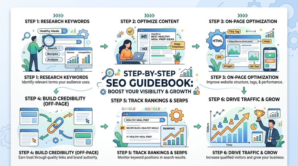 STEP 1: RESEARCH KEYWORDS
Healthy Meals
Search SP
Volume
Competitien
Recipes
Analyze
STEP 1: RESEARCH KEYWORDS
Identify relevant terms your audience uses.
STEP 4: BUILD CREDIBILITY (OFF-PAGE)
STEP 2: OPTIMIZE CONTENT
HI
BEST HEALTHY
MEAL PREP IDEAS
Meta
Title/Desc
H2
STEP-BY-STEP
SEO GUIDEBOOK:
BOOST YOUR VISIBILITY & GROWTH
STEP 5: TRACK RANKINGS & SERPS
GeOGLE
GOOGLE
◎
HEALTHY MEAL PREP
RECIPE BLOG: HEALTHY MEALS
RANKING
#1 HEALTHY MEAL PREP
STEP 4: BUILD CREDIBILITY (OFF-PAGE)
Earn trust through quality links and brand authority.
STEP 5: TRACK RANKINGS & SERPS
Monitor keyword positions in search results.
STEP 3: ON-PAGE OPTIMIZATION
HTML
It TML
URL
Title Tag
https://www.html.com/
Image
Images
Alt Text
STEP 3: ON-PAGE OPTIMIZATION
Improve website structure, tags, & performance.
STEP 6: DRIVE TRAFFIC & GROW
Time
STEP 6: DRIVE TRAFFIC & GROW
Increase qualified visitors and grow your business.