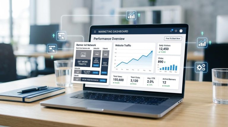 Laptop showing banner ads and traffic growth for an article about free banner exchange advertising platforms.