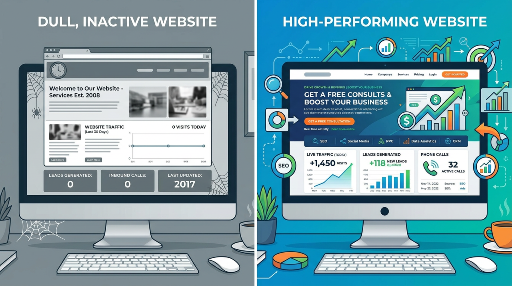 DULL, INACTIVE WEBSITE
Welcome to Our Website -
Services Est. 2008
WEBSITE TRAFFIC
(Last 30 Days)
O VISITS TODAY
semetere
Latch neote
Gos
BOT
LEADS GENERATED:
INBOUND CALLS:
LAST UPDATED:
2017
HIGH-PERFORMING WEBSITE