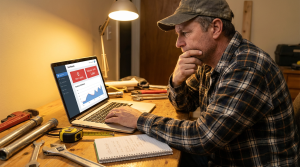 Small business owner looking at a report on his laptop showing 0 new leads from his website.