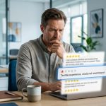 Business owner looking at a laptop with a Google review screen, one bad review highlighted