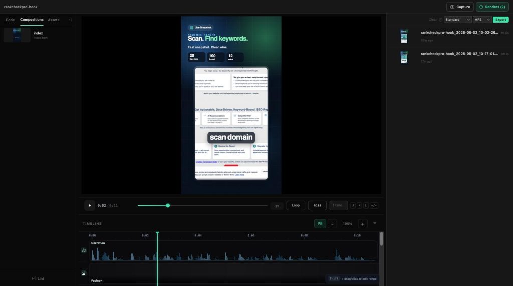 A screenshot of HyperFrames running a video player in a web browser.