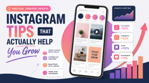 Illustration of a smartphone showing social media content, search keywords, engagement icons, and growth arrows representing practical Instagram marketing tips. PRACTICAL. STRATEGIC. RESULTS. INSTAGRAM TIPS THAT ACTUALLY HELP You Grow CREATE CONTENT PEOPLE WATCH OPTIMIZE FOR DISCOVERY BUILD TRUST WITH YOUR BIO SHARE, SAVE AND ENGAGE