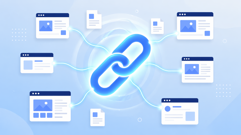 Flat-design illustration of a glowing chain link connecting several website icons, representing SEO backlinks.