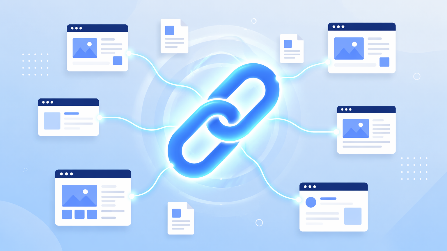 Flat-design illustration of a glowing chain link connecting several website icons, representing SEO backlinks.
