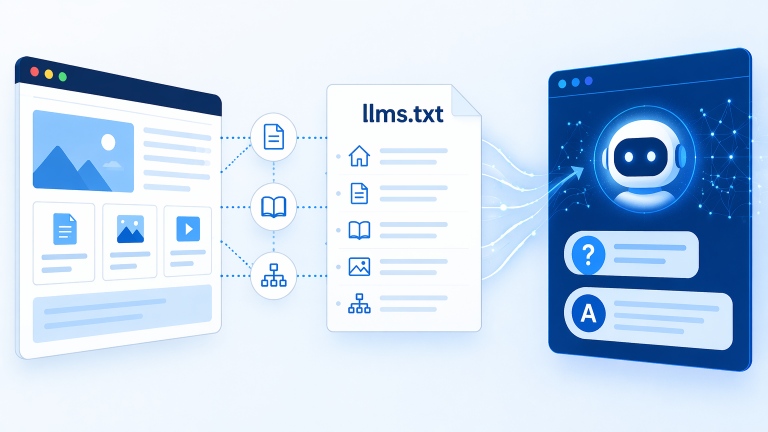 Illustration of an llms.txt file connecting a website with an AI assistant and directing it to important website content.