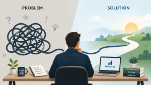 Business owner moving from a frustrating problem toward a clear solution.