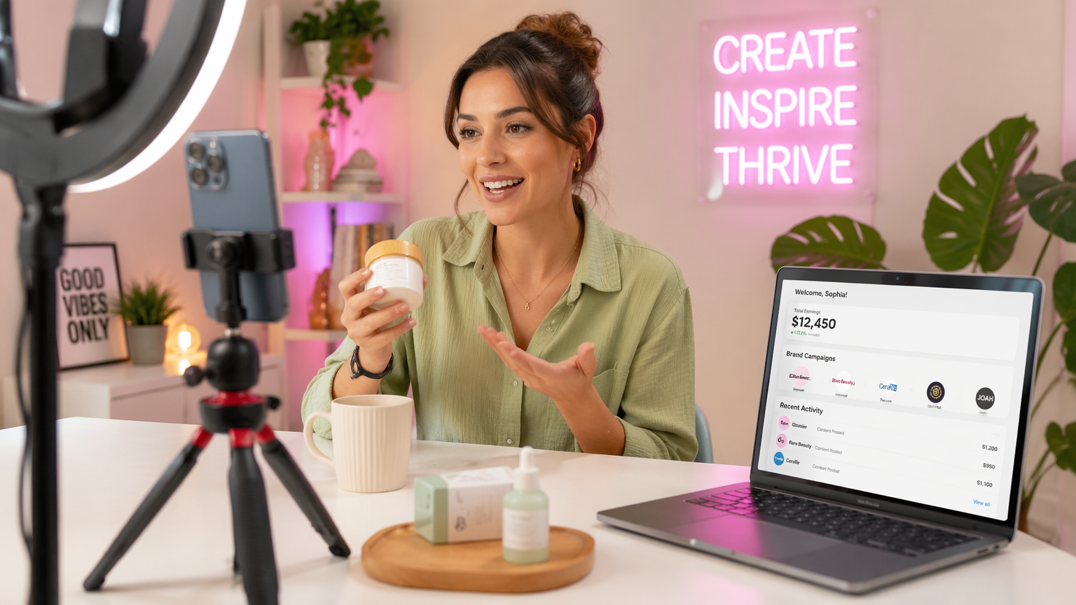 A young content creator filming a UGC video on a smartphone mounted on a tripod, ring light glowing softly, in a bright modern home studio setup.