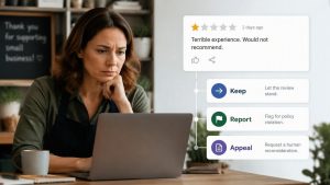 Business owner reviewing a negative Google review and evaluating removal options.