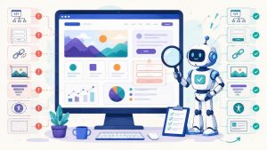 Illustration of a robot inspecting an AI-generated website for HTML, accessibility, SEO, form, content, and image problems.