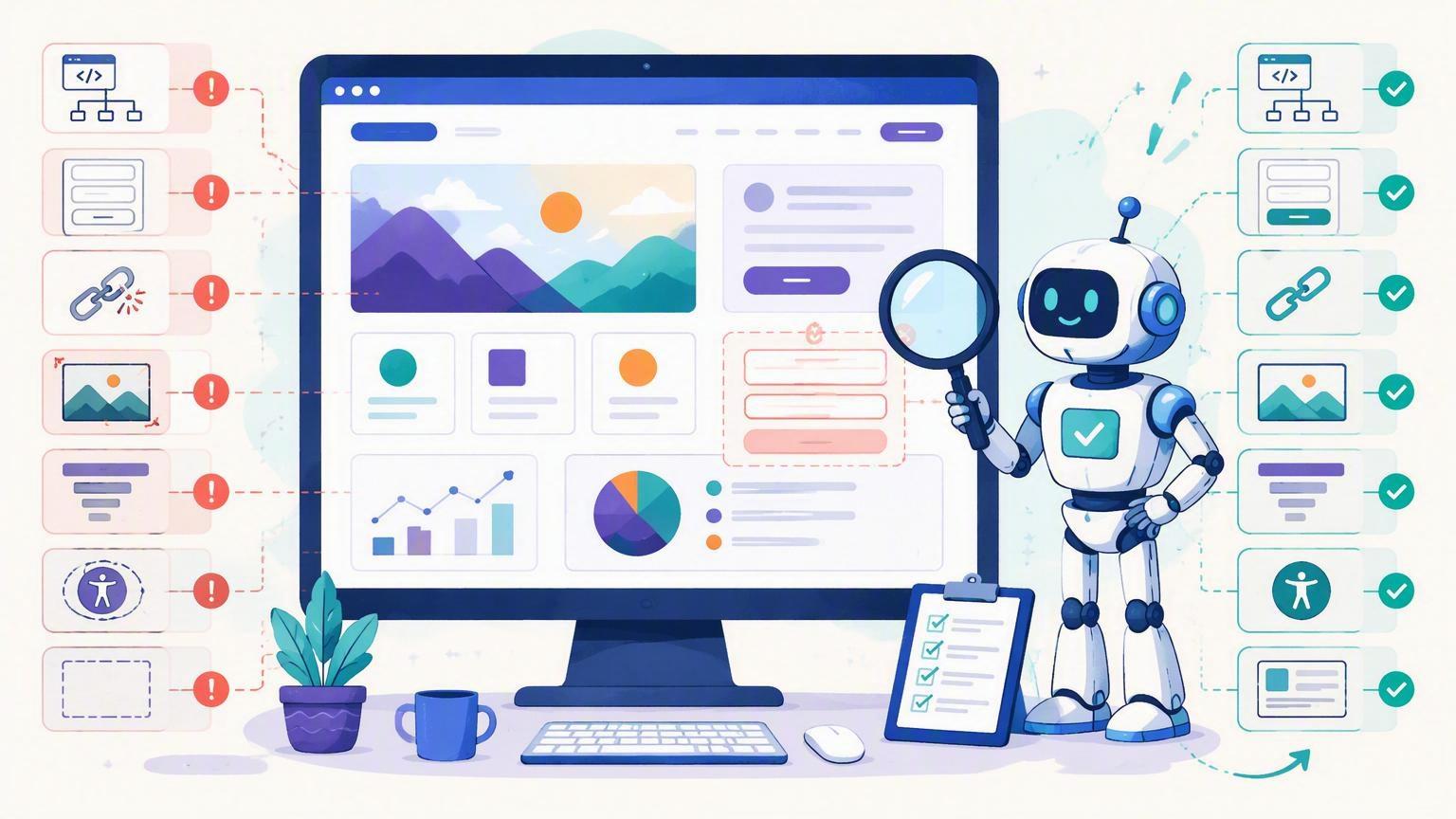 Illustration of a robot inspecting an AI-generated website for HTML, accessibility, SEO, form, content, and image problems.