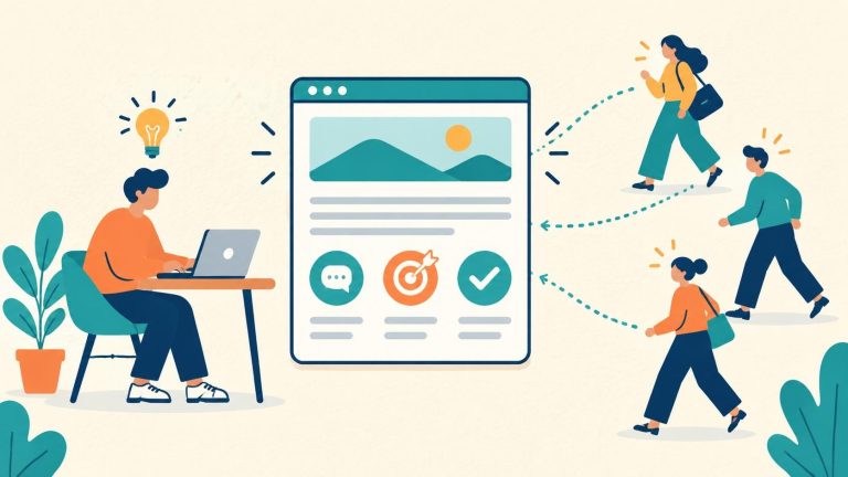 Illustration of a business owner creating an article that connects with three potential customers.