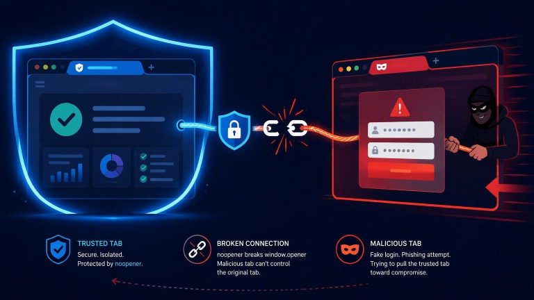 Illustration of a malicious browser tab trying to redirect the original tab in a reverse tabnabbing attack.