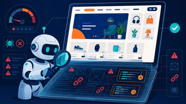 Illustration of a crawler inspecting a Square Online website whose content is hidden inside JavaScript instead of the initial HTML.