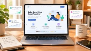 An illustration of a visually striking homepage mockup on a laptop screen, showcasing effective design elements and call-to-action buttons.